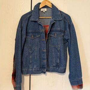 BKE Denim Jacket with Red Plaid Details